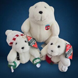 Vintage Coca Cola Polar Bears 6" Stuffed Plush Toy + two 4" Christmas Ornaments
